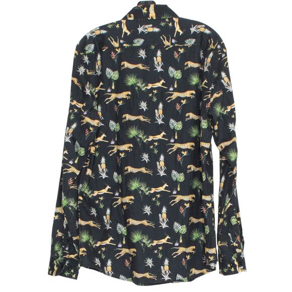 Grand Frank Mens Shirt Cheetah Statement Bold Safari Button Up Black 33/44 17.5 - Picture 2 of 5